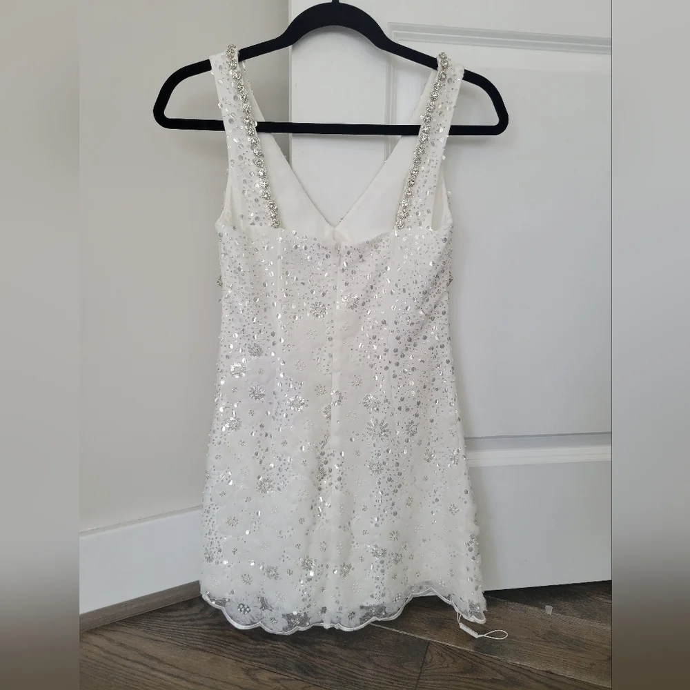 Self Portrait White Beaded Sequin V-neck Mini Dress - Picture 3 of 6